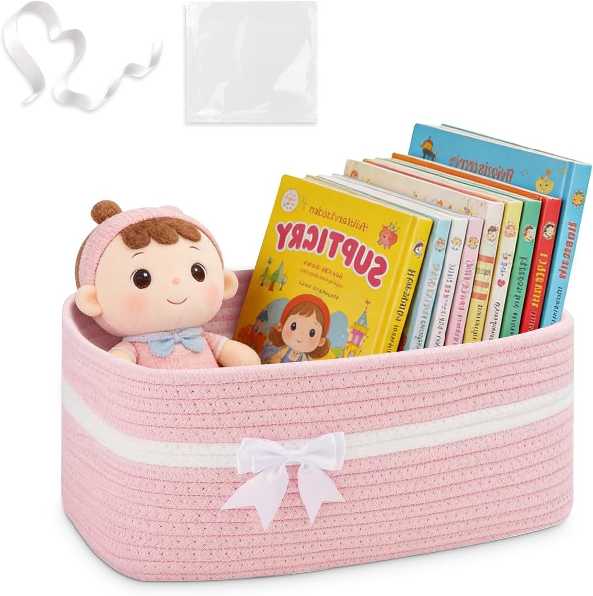 Gevlochten opbergmand van katoen met handgrepen, multifunctionele organizer voor speelgoed, handdoeken en snacks, 34 x 15 x 25 cm, ideaal voor kinderkamer en geschenken (roze)