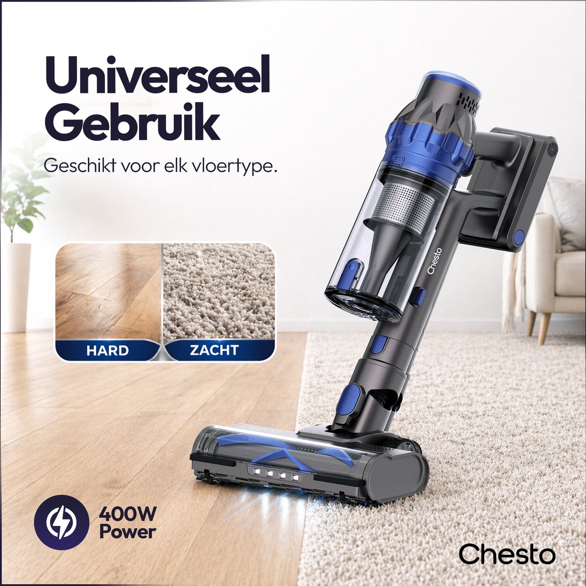 Chesto T1 Steelstofzuiger Draadloos 400W – 35.000 Pa – Ultralicht – LED-zuigmond – 3 Opzetstukken — afbeelding 7