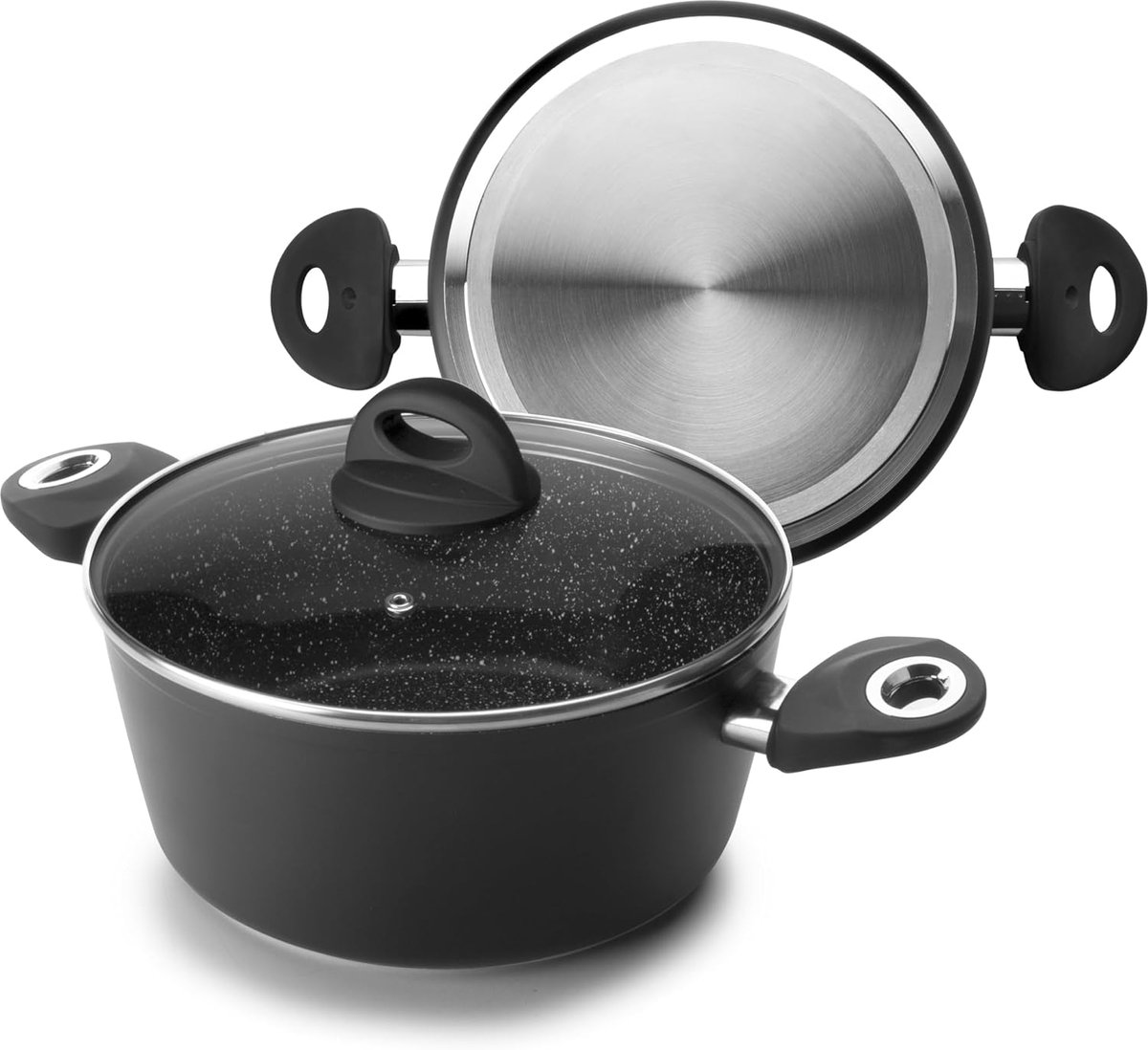Kookpan met deksel Stoofpan Koekenpan Inductie Koken Antiaanbak Steenmotief 28 cm Diameter Zwart
