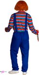 Achteraanzicht van een persoon in een rood-groen-blauw gestreept shirt met blauwe tuinbroek en oranje pruik, met nepmes.