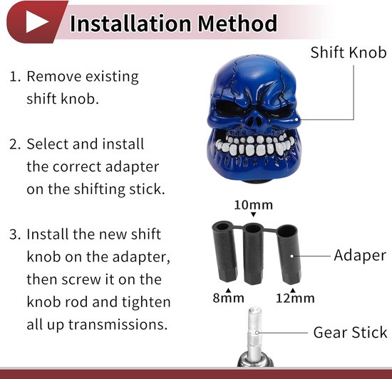 Schedel Versnellingspook Knop - Hars Pookknop - Auto Interieur Personaliseren - Universele Pasvorm met Adapters - 7cm Hoogte - Blauw — afbeelding 5