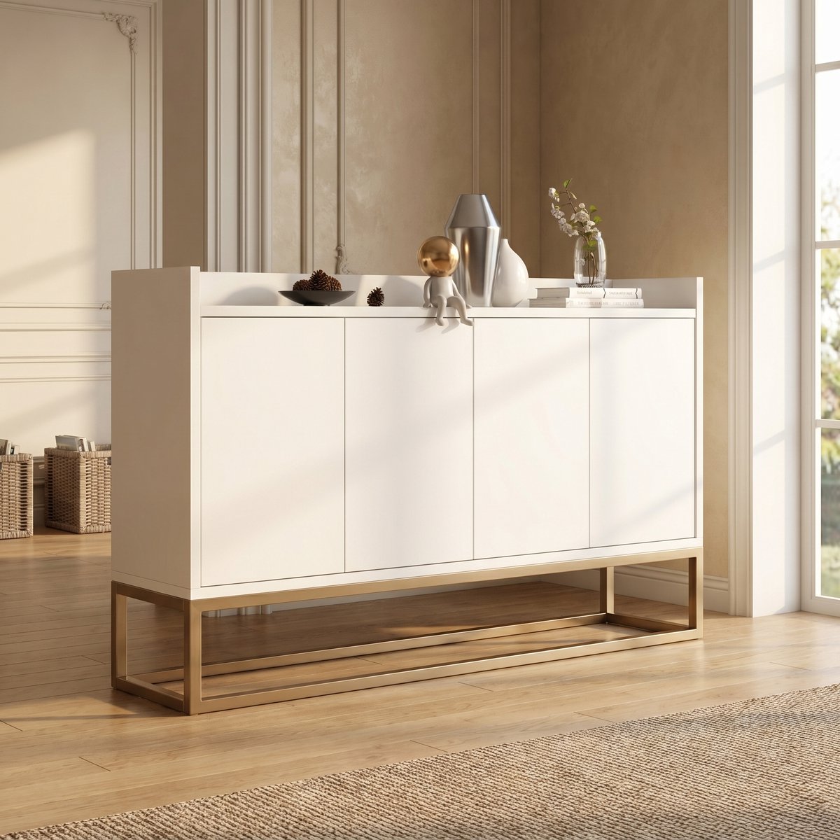 MEXUS Dressoir Dressoir met gouden metalen poten, moderne opbergkast, 4 deuren, 120 x 30 x 80 cm, voor keuken, eetkamer, woonkamer (wit)