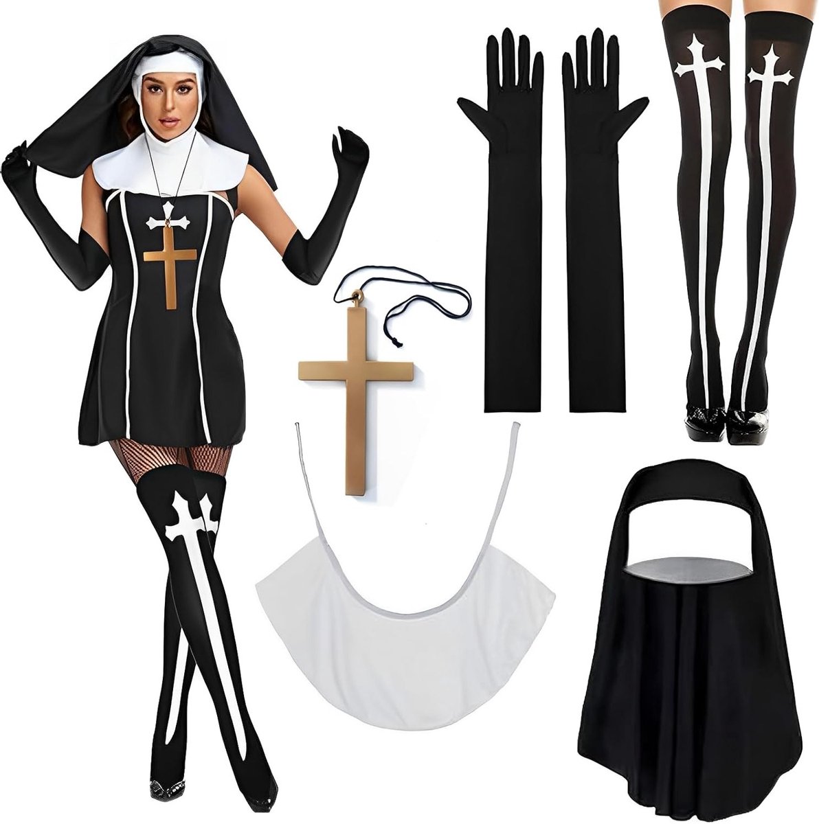 Vrouwelijk Nonne Kostuum voor Halloween en Carnaval - Zwart, Perfect voor Feestjes en Cosplay