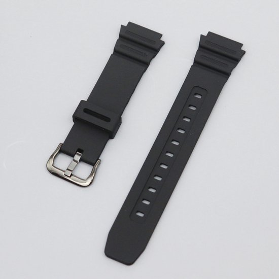 Bracelet de montre noir avec boucle argentée. Le bracelet a des trous réglables et une finition côtelée.