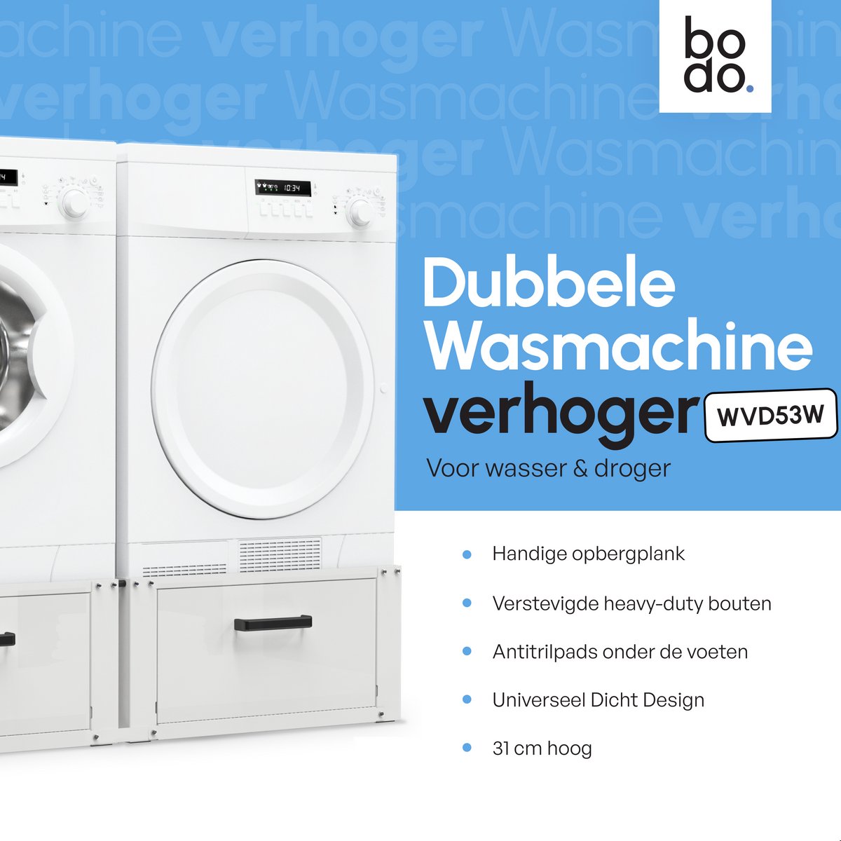Bodo® - Wasmachine Verhoger - Dubbel - Kast - Ombouw met Lade - Wit - 127x54x31cm — afbeelding 6