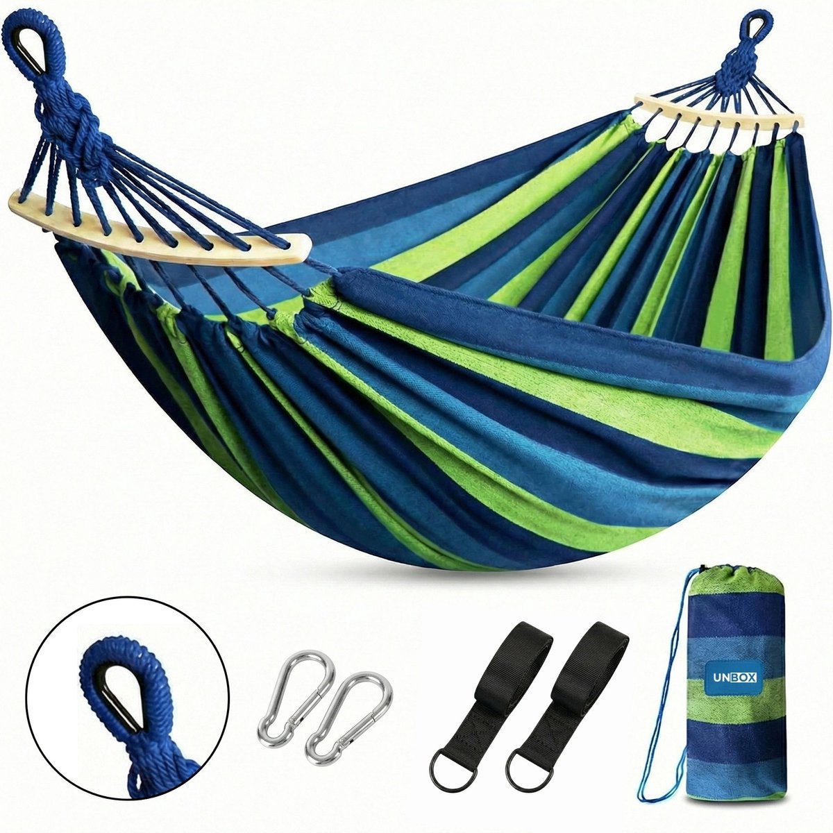 Bol.com UNBOX Extra brede - Hangmat 2 Persoons - Hangmat met Spreidstok - Weerbestendig - 200cm x 180cm - Incl. Hangmat Bevestiging aanbieding