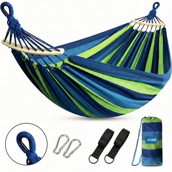 UNBOX - Hamac pour deux personnes - 210cm x 150cm - Incl. Sac de rangement + Cordes de fixation