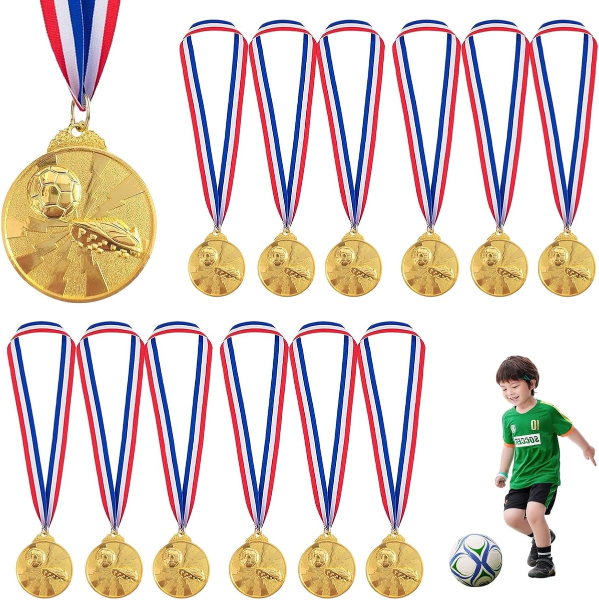 12 Stuks Gouden Voetbal Medailles voor Kinderen en Volwassenen - Sportdag Prijzen, Feestfavorieten en Winnaars Trofeeën met Tri-Color Lint