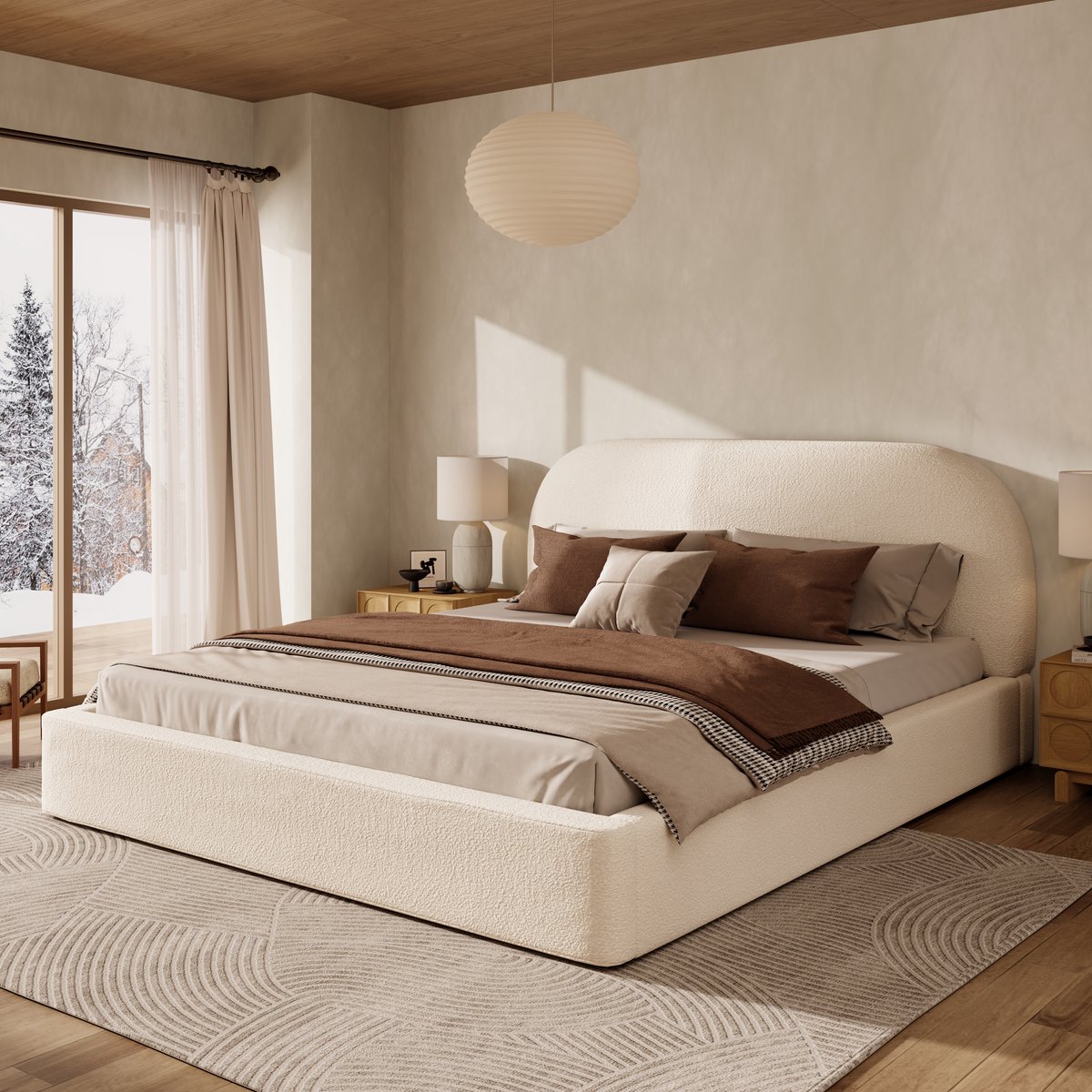 BLACKCOLORS Gestoffeerd bed, tweepersoonsbed, 180 x 200 cm, bed met lattenbodem, gestoffeerd hoofdeinde, beige bouclé