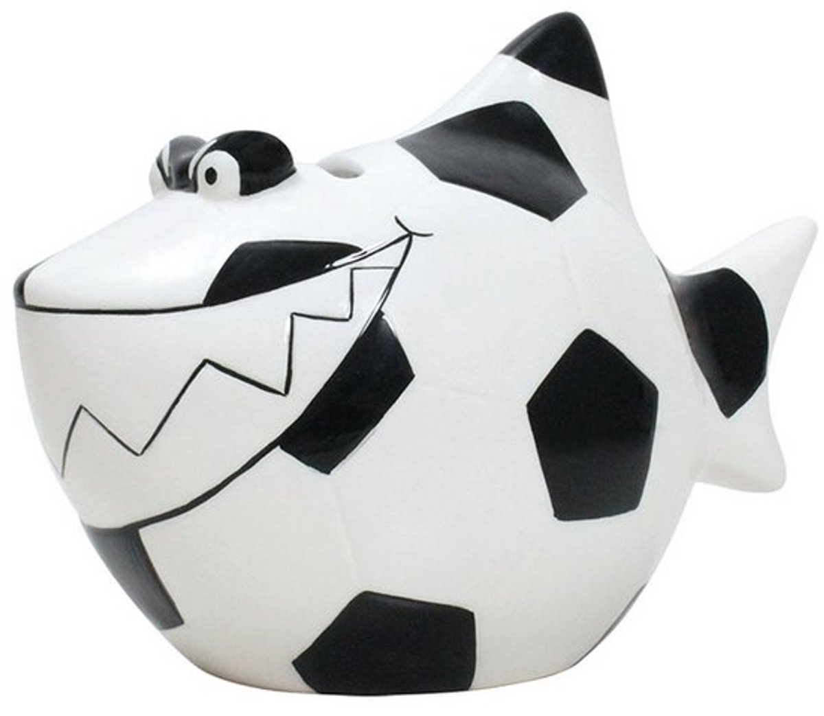 Spaarpot haai voetbal . 13cm . Wit / zwart