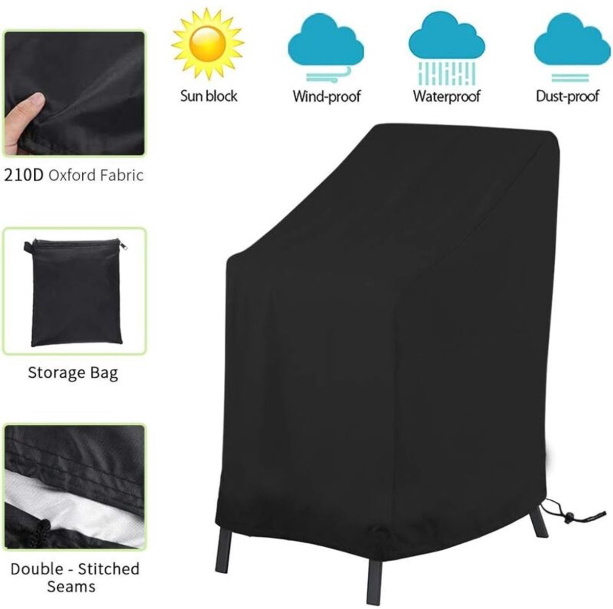 Tuinstoelhoes, stapelbaar, waterdicht, duurzaam, Oxford-stof, zwart, 120x65x65/80cm