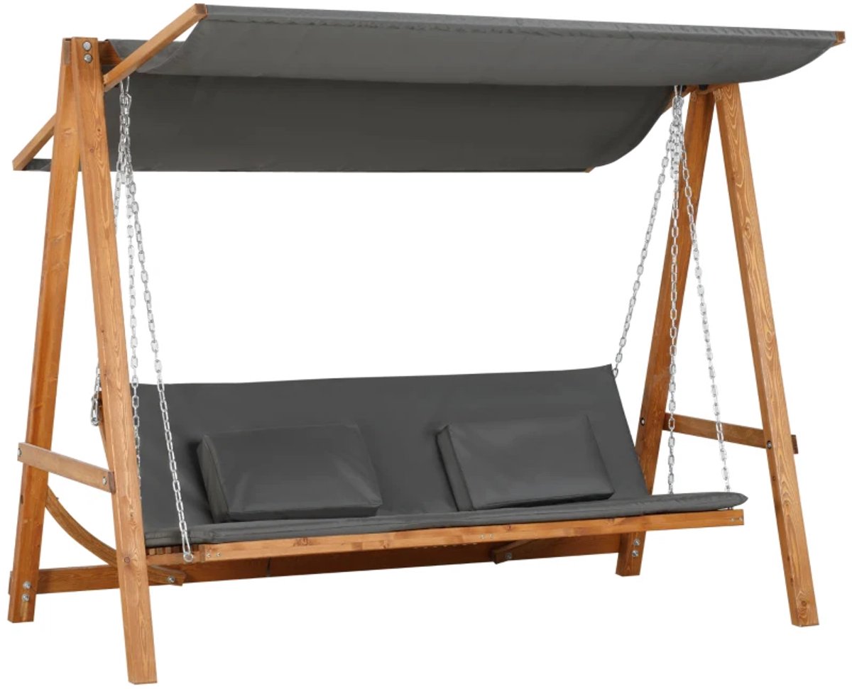 Hollywood Schommel - Schommelbank met Verstelbare Zonnedak & Kussens - 3-zits Tuinbank met Bedfunctie - Tuinschommel 3 Personen - tot 240 kg - Tuinmeubelen - voor Tuin, Terras, Balkon - Grijs + Teak