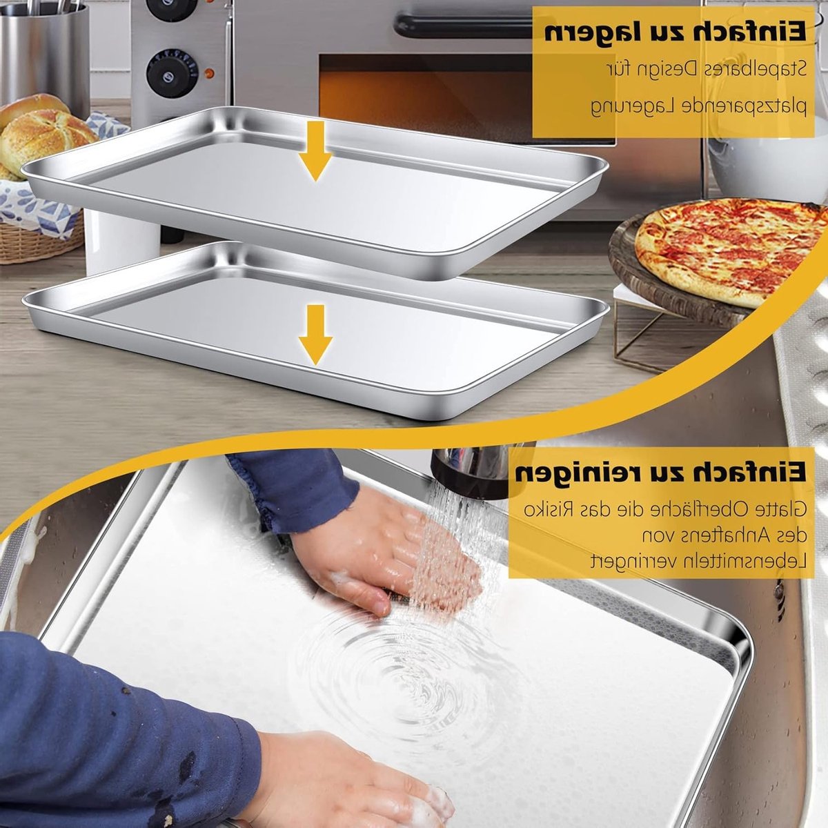 Set van 2 RVS Bakplaten, Grote Rechthoekige Bakvorm voor Taarten en Gerechten, Vaatwasserbestendig en Gezond – foto 2