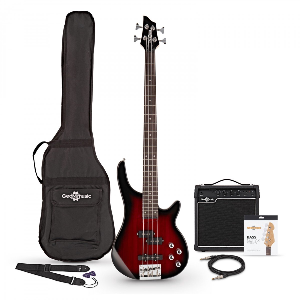 Chicago Basgitaar + 15 W Versterkerpakket, Trans Red Burst