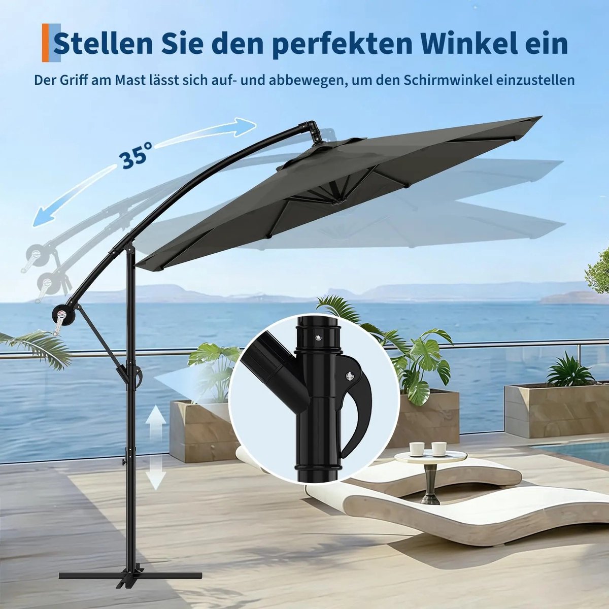 VIEMAE Parasol - Zweefparasol - Tuinparasol - Kantelbaar - 360° draaibaar - Waterafstotend - Versterkte kruisvoet - 300cm - Grijs – foto 6
