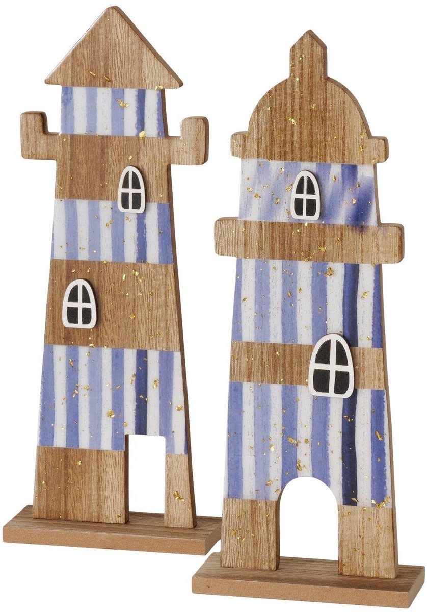 Boltze Home vuurtoren decoratie FSC hout 31 cm blauw wit bruin.