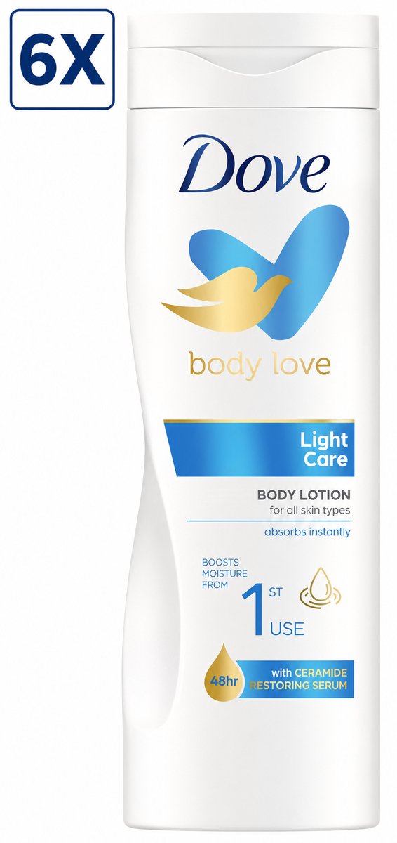 6 x Dove Body Love Bodylotion - Light Care - met Ceramide Restoring Serum - 400 ml