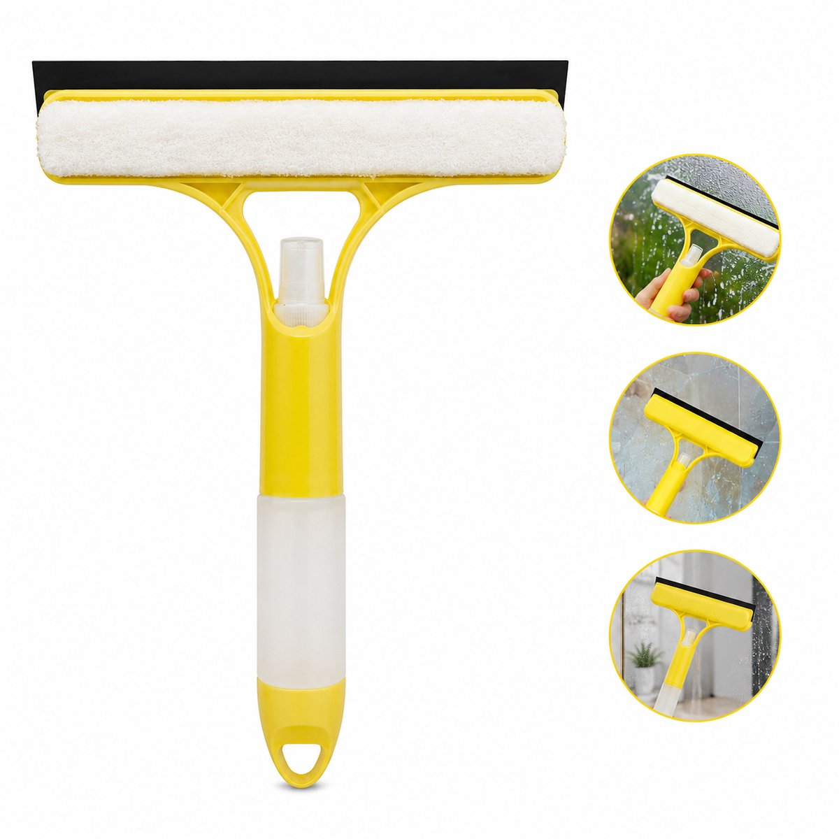 3-in-1 Raamwisser met Sprayfles en Spons – Geel – 26 x 21,5 cm