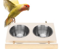 Voedertafel voor vogels met houten bord, roestvrijstalen vogelvoeder, dubbele voer- en waterbak voor huisdieren