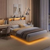 Cadre de lit Bealife AF19 - 140×200 cm – Lit double rembourré avec éclairage LED, prises, ports USB et Type-C et rangement – Design flottant – Tête de lit et sommier à lattes – Beige