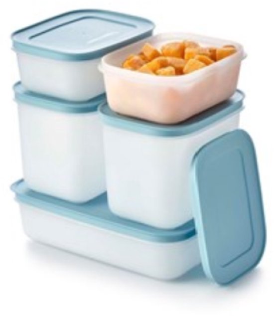 Pile de cinq boîtes Tupperware pour congélateur bleues et blanches, remplies de cubes de courge.