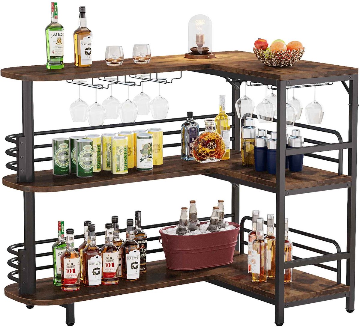 CORE Dranken Bartafel - Bar Unit - L-vormige thuis bar - Met opslag planken en wijnglazen houder - Industrieel design - 120x90x110cm - Rustiek Bruin