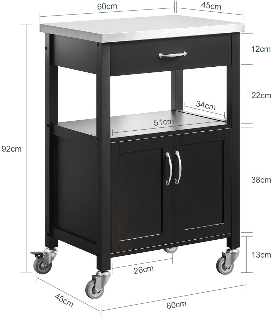 M-Goods - Keukentrolley met Lade & Deuren – Keukenkast op Wielen 60x45x92 cm – RVS Werkblad – Magnetronkast / Keuken Organizer – Zwart