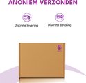 Bruine doos met paars JustFun logo. "Anoniem verzonden" met iconen voor discrete levering en betaling.