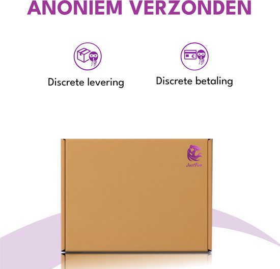 Bruine doos met paars JustFun logo. "Anoniem verzonden" met iconen voor discrete levering en betaling.
