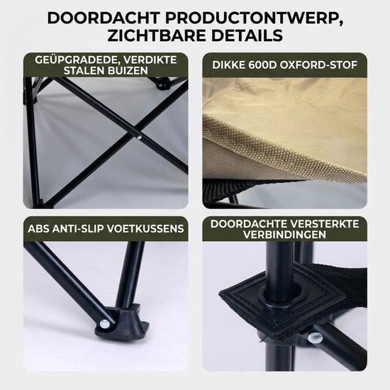 Lichtgewicht Campingstoel beige - Opvouwbaar kampeerstoel Met bekerhouder - Maanstoel - Festivalstoel - Vouwstoel - Strandstoel - Lichtgewicht Visstoel - opvouwbare maanstoel met draagtas - Draagvermogen tot 150 kg - 600D Oxford Klapstoel — afbeelding 4