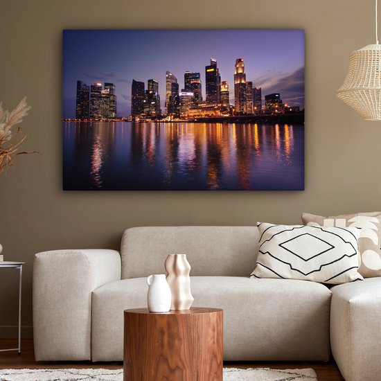 Canvas schilderij 150x100 cm - Wanddecoratie Singapore - Skyline - Water - Muurdecoratie woonkamer - Slaapkamer decoratie - Kamer accessoires - Schilderijen op canvas