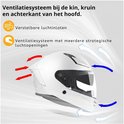 Wit integraalhelm met pijlen die luchtstroom aanduiden. Tekst: Ventilatiesysteem bij de kin, kruin en achterkant van het hoofd. Verstelbare luchtinlaten.