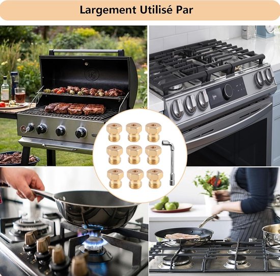 Collage van afbeeldingen die gasfornuizen en grillen laten zien. Een ingevoegd beeld toont negen messing gasmondstukken en een sleutel.