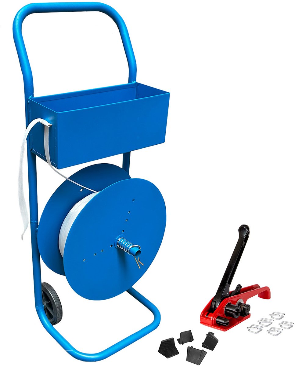 Kortpack - Starterset Polyesterband 16mm - verrijdbaar - 1 rol - 1 haspel - 1 spanner - 100 hoeken - 500 gespen - (031.0223)