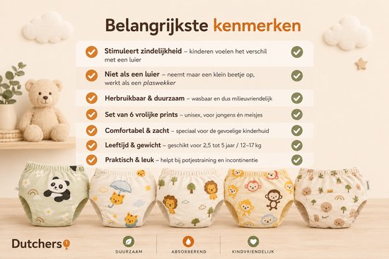Vijf oefenbroekjes met verschillende prints: panda, kat, leeuw, aapjes en beren.