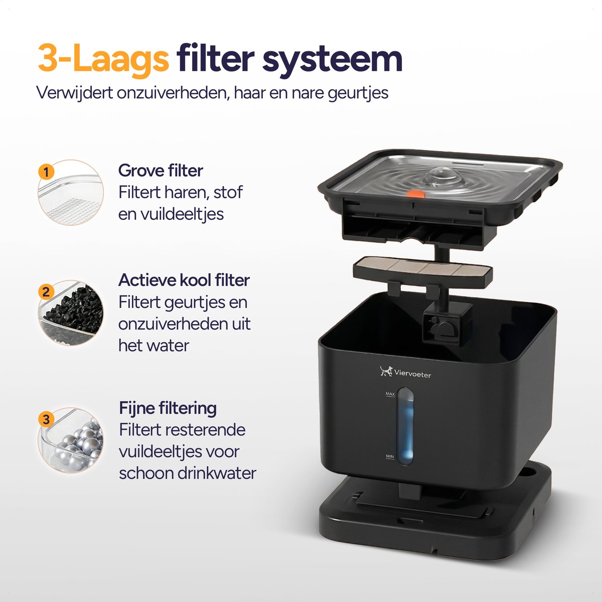 Viervoeter® Draadloze Drinkfontein RVS - Sensor Waterfontein voor Kat en Hond - Inclusief 3 filters en los te koppelen accu - 3L - 30d batterijduur thumbnail 4