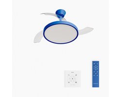 CREATE - Plafondventilator 40W stil met intrekbare bladen met licht - Ø91cm - Kobaltblauw - Controller voor wandmontage + afstandsbediening - WIND CLEAR STUDIO