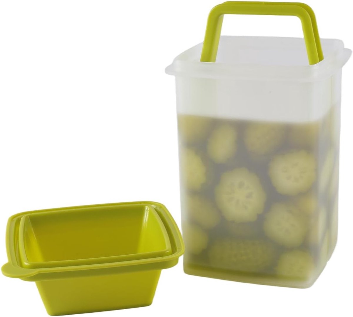 Glazen Kom met Zeef voor Augurken – BPA-vrij Plastic Bewaarbox voor Groenten, Olijven en Augurken – Vaatwasmachinebestendig en Gemakkelijk in Gebruik