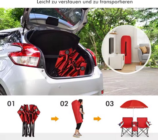 Luxe Dubbele Strandstoel met Verstelbare Parasol - Duo Klapstoel met Geïntegreerde Koelbox - Opvouwbaar & Lichtgewicht - Perfect voor Strand, Tuin of Camping - Rood van Luxe. — afbeelding 2