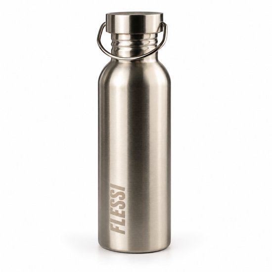 Zilverkleurige Flessi RVS drinkfles met metalen dop en draaglus. Logo Flessi zichtbaar.