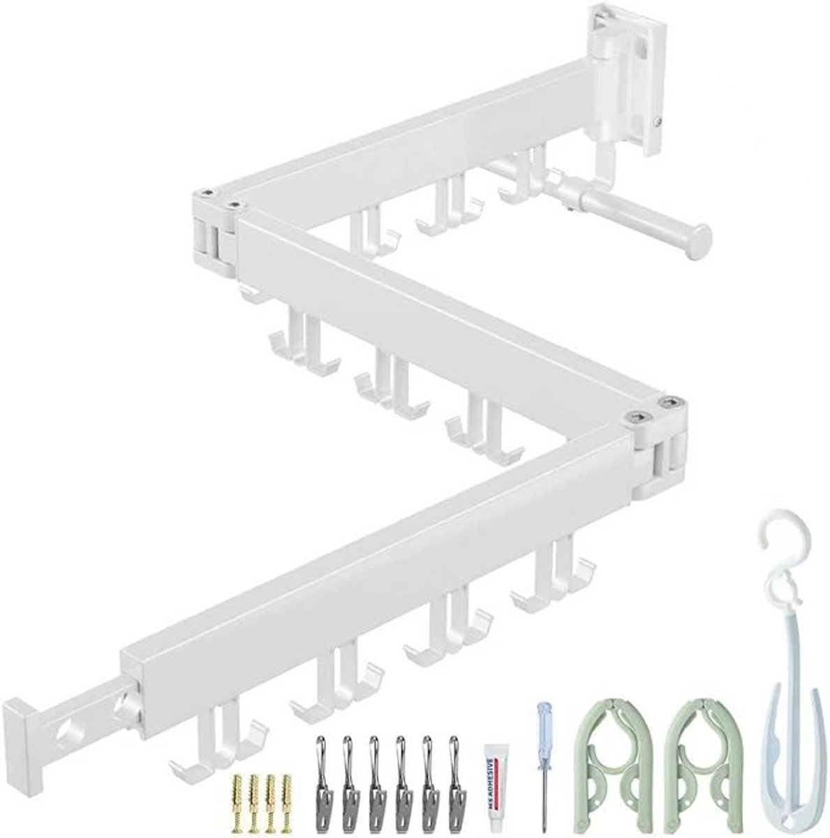 Opvouwbaar wandwasrek met 24 haken - aluminium - wit