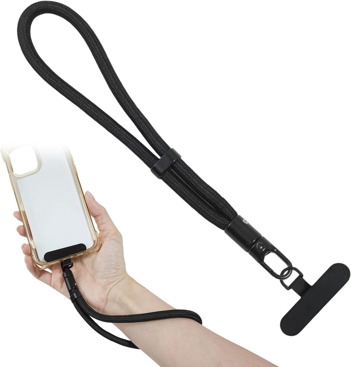 Verstelbare Telefoon Lanyard - Korte Universele Telefoonketting met Sleutelhanger, Antiverlies en Ultra Dunne Band in Zwart voor Smartphones
