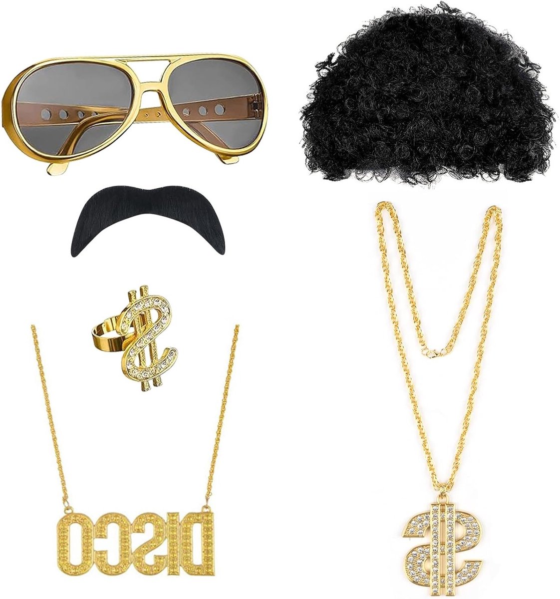 Stijlvolle 80s kostuumset voor mannen met afro pruik, gouden ketting en retro accessoires voor carnaval en themafeesten