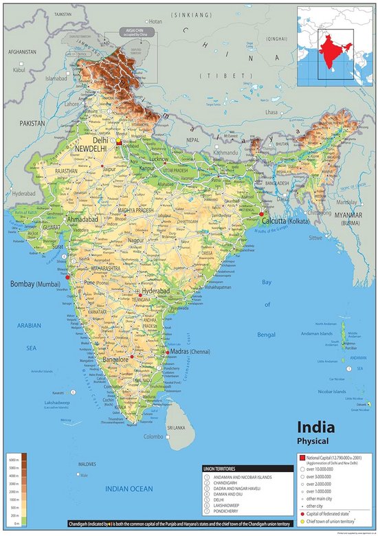 Fysieke Kaart van India A2 - Gedetailleerde Geografie en Lan ... - cover