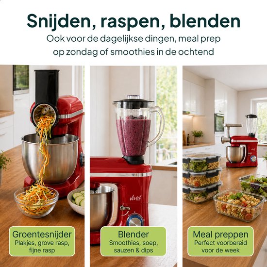 Keukenmachine multifunctioneel 2000W - Keukenrobot - Foodprocessor - Keukenmixer met RVS Mengkom - Incl. 15 Accessoires - Incl. Gehaktmolen en Blender 6.2L - Rood - Vivid Green van Vivid Green — afbeelding 5