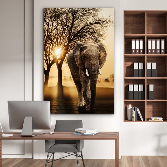 Décoration murale Métal - Aluminium - Eléphant - Arbre - Soleil - 120x180 cm
