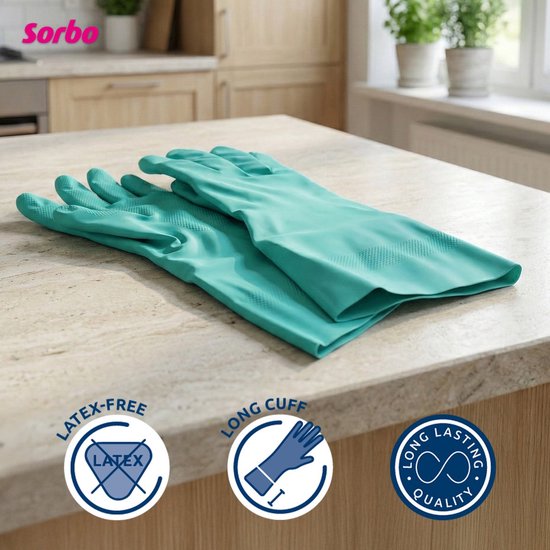 Paar turquoise Sorbo huishoudhandschoenen met lange manchetten, latexvrij en van hoge kwaliteit.