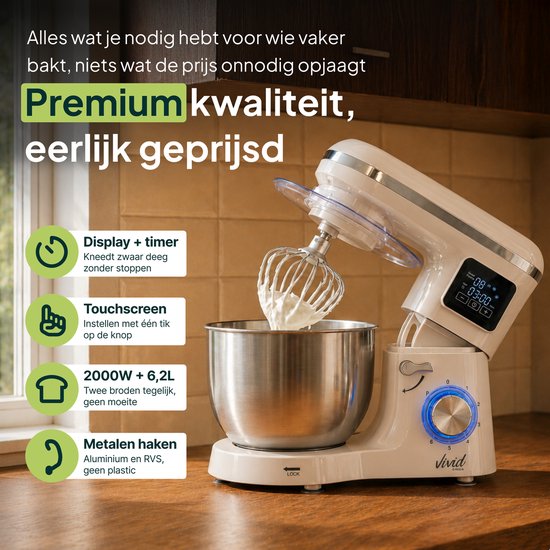 Crème keukenmixer met garde en geslagen room in kom. Tekstvakken met functies. Display met timer.