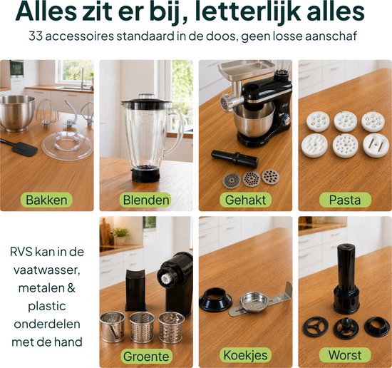Zwarte keukenmachine met 33 accessoires voor bakken, blenden, malen, pasta, groenten, koekjes en worst.