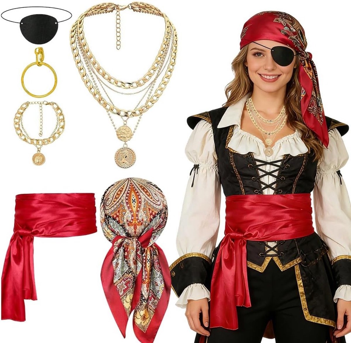 Zesdelige Middeleeuwse Piraten Kostuum Accessoire Set voor Vrouwen met Hoofddoek, Ooglapje en Sieraden voor Halloween Feestjes